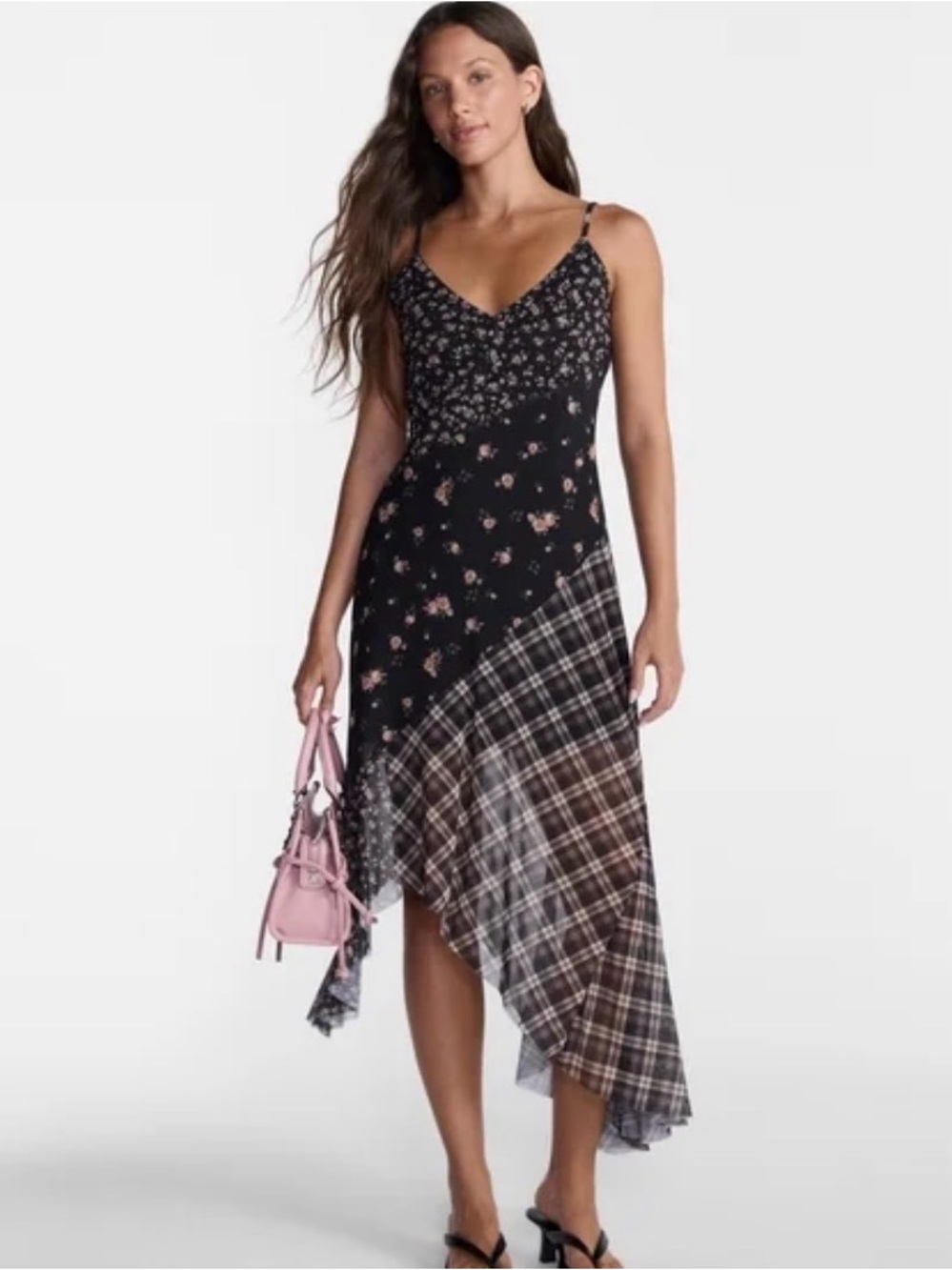 No Boundaries Black Floral & Plaid Asymmetrical Slip Dress